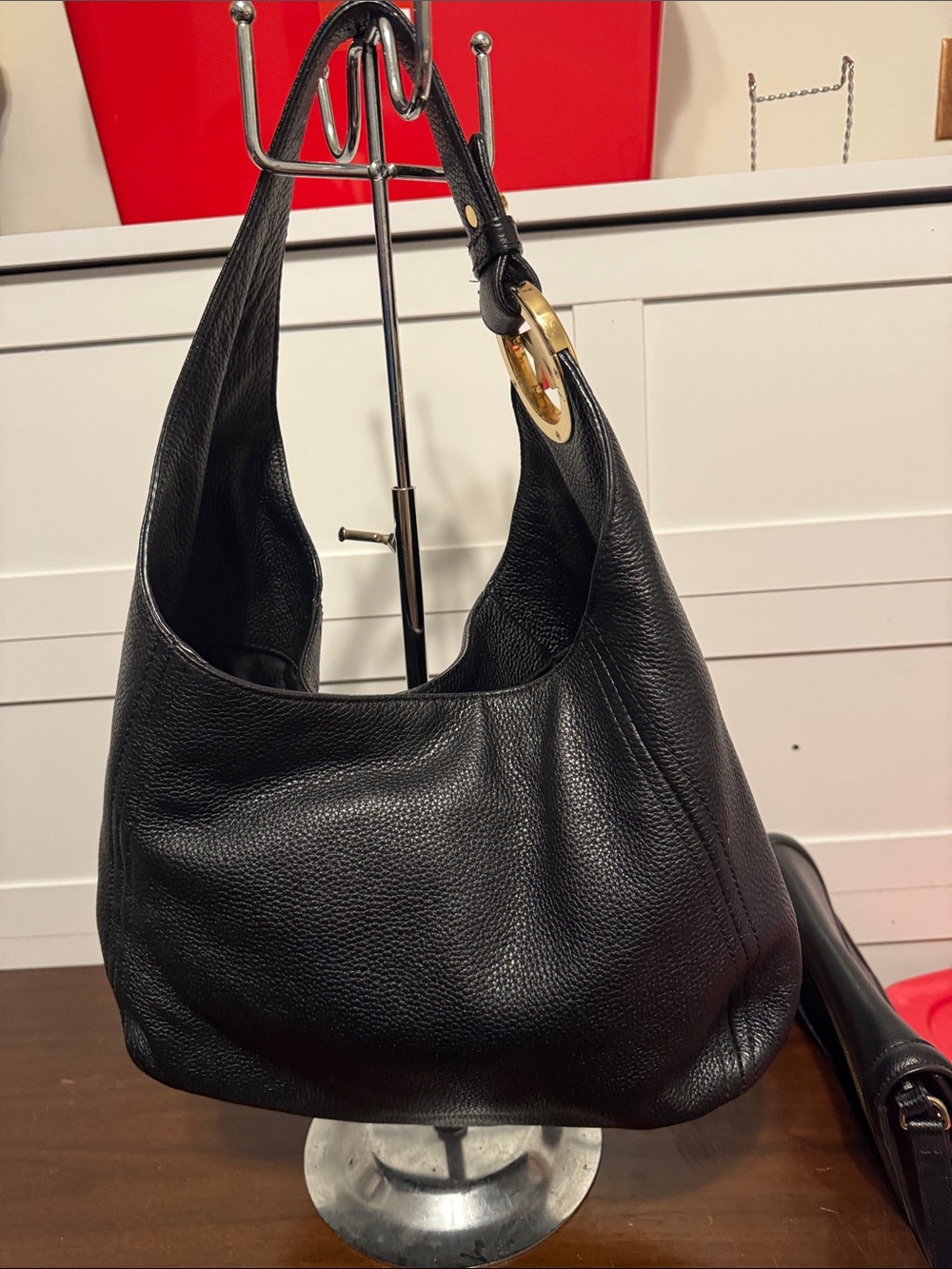 Black Leather Hobo Shoulder Bag with Gold Ring Accent